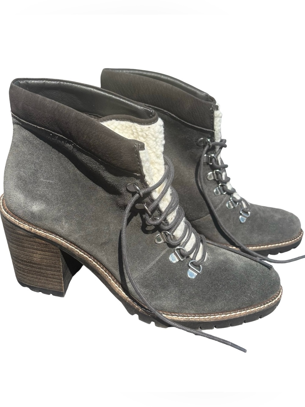 Women's Gray Suede Lace-Up Block Heel Boots